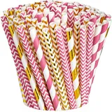 [200er Packung] Hot Pink & Gold Papier Trinkhalme 100% biologisch abbaubare Multi-Pattern Party Strohhalme