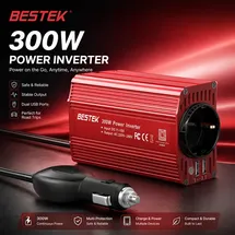 AUTLEAD BESTEK Spannungswandler 300W Modifizierte Sinuswelle 12V auf 230V, mit AC-Steckdose, 2 USB-Ports (4.8A Gesamt) – Rot