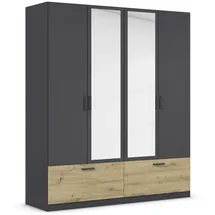 Rauch Möbel Bari, Drehtürenschrank, 4-türig, Kleiderschrank Grau-Metallic/Eiche Artisan, 2 Schubladen, mit Spiegel, 181x210x54cm