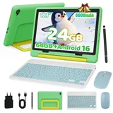 BUFO Android 16 10-Zoll, 24(3+21) GB RAM + 64 GB ROM (TF Expand 1TB) Kinder Tablet (10", 64 GB, Android 16, WiFi 6, mit Tastatur/Maus/Stift, Augenschutz-Tablet mit Eltern-Kontrolle) blau|grün