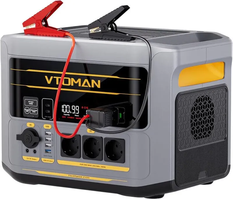 VTOMAN FlashSpeed 2400 Tragbare Powerstation mit Starthilfekabel, 2400W AC (Spitzenleistung 3200W), 1408Wh LiFePO4-Batterie, erweiterbar bis 2688Wh, 1 Stunde Schnellladung, Solar-Generator für Camping, Zuhause, Wohnmobile