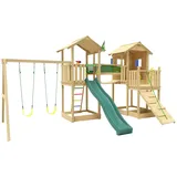 Jungle Gym Spielturm JUNGLE GYM "Stronghold", grün (dunkelgrün), Spieltürme, KinderB:394cm H:310cm T:626cm, Holz, Spielanlage mit 2 Türmen, Schaukel und Rutsche mit Wasseranschluss, B:394cm H:310cm T:626cm