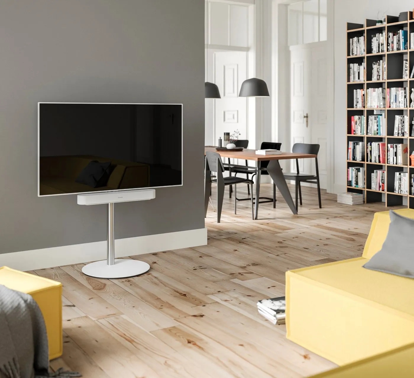 SPECTRAL Circle ist ein moderner wie auch edel anmutender TV-Stand mit drehbarer und höhenverstellbarer TV-Halterung. Stabile Sockelplatte aus Stahl mit satinierter Glasauflage. TV-Ständer, (für Bildschirme von 32'' bis 65) weiß