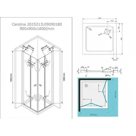 Buylando Caroline Eck-Duschkabine mit Tür rechts 90 x 180 cm Transparent Glas, inkl. Duschtasse D648360641500