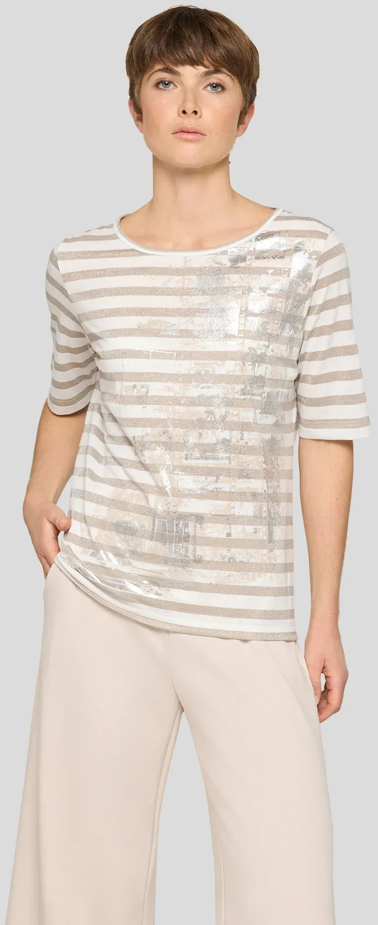 T-Shirt RABE, Damen, Gr. 50, sisal, Web, Obermaterial: 92% Polyester, 8% Viskose, bedruckt, gestreift, regular fit normal, Rundhals, gerader Abschluss, Shirts T-Shirt, mit Streifen Muster