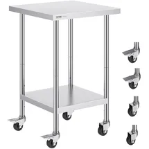 Vevor Arbeitstisch aus Edelstahl, 61 x 61 x 96,5 cm, Zubereitungstisch Gastro mit 4 Rädern, 3 einstellbaren Höhenstufen, Arbeitstisch zur Lebensmittelzubereitung für gewerbliche Küchen und Restaurant