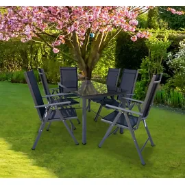 VCM 7 tlg. Set Gartenmöbel Alu Glas Gartenset Sitzgruppe Essgruppe Tisch Stühle 190 SW Schwarz