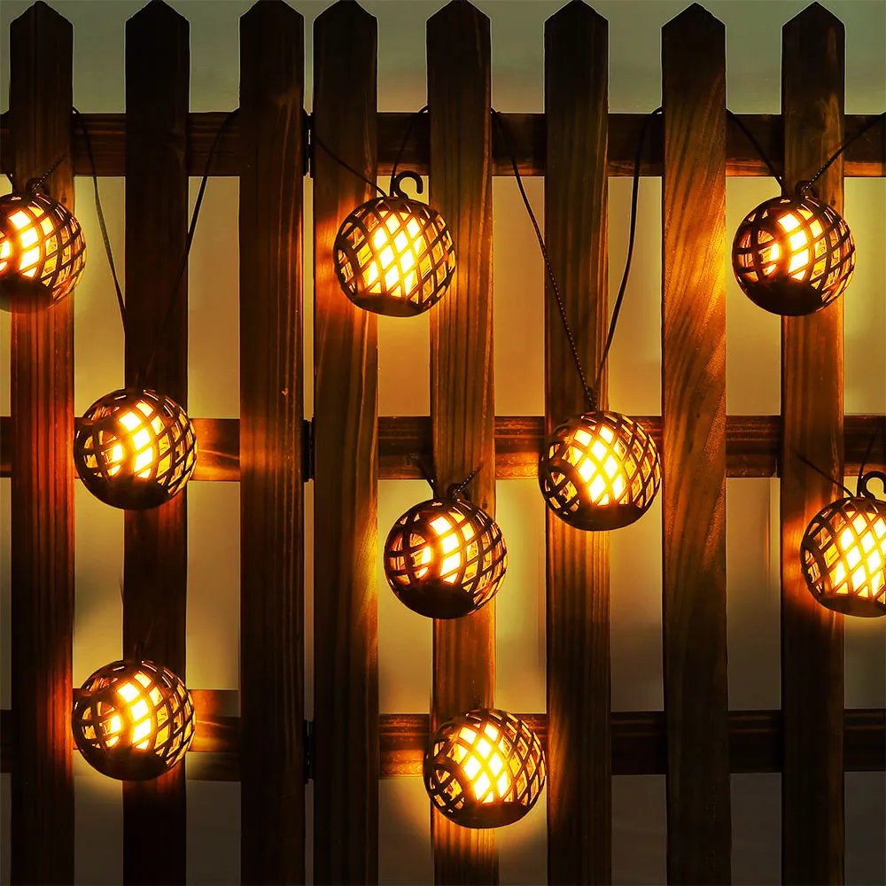 LED Solar Lichterkette Aussen Solarlampe Garten Dekoration in Kugelform Flammeneffekt, Kunststoff schwarz, 8x LED warmweiß, L 200 cm, Terrasse