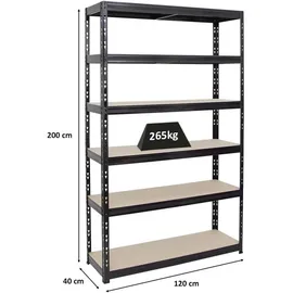 Proregal Schwerlastregal Metall 200x120x40 cm Schwarz 6-Ebenen
