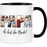Personalisierte Papa Tasse mit 4 Fotos selbst gestalten – Fototasse „Du bist der Beste“ – Individuelles Geschenk zum Geburtstag & Vatertag – 330ml schwarz