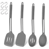 Küchenhelfer Set, Joyfair 4 Stück Silikon Pfannenwender und Kochlöffel Set, Hitzebeständig Küchenutensilien Set mit Edelstahlgriff, Kochbesteck für Kochen/Backen/Flip, Spülmaschinenfest - Grau