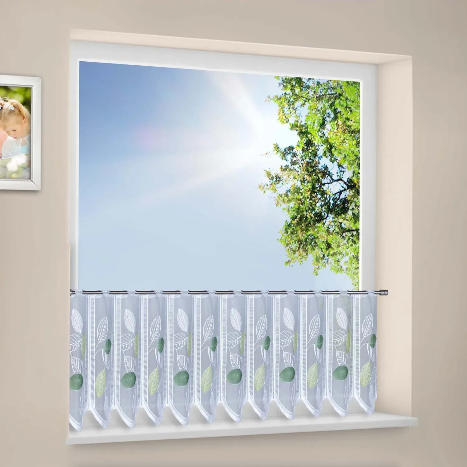 Gardine GERSTER "Blätter", grün (grün, weiß), B:200cm H:45cm, Jacquard, Polyester, Gardinen, SB-Bistro "Blätter"