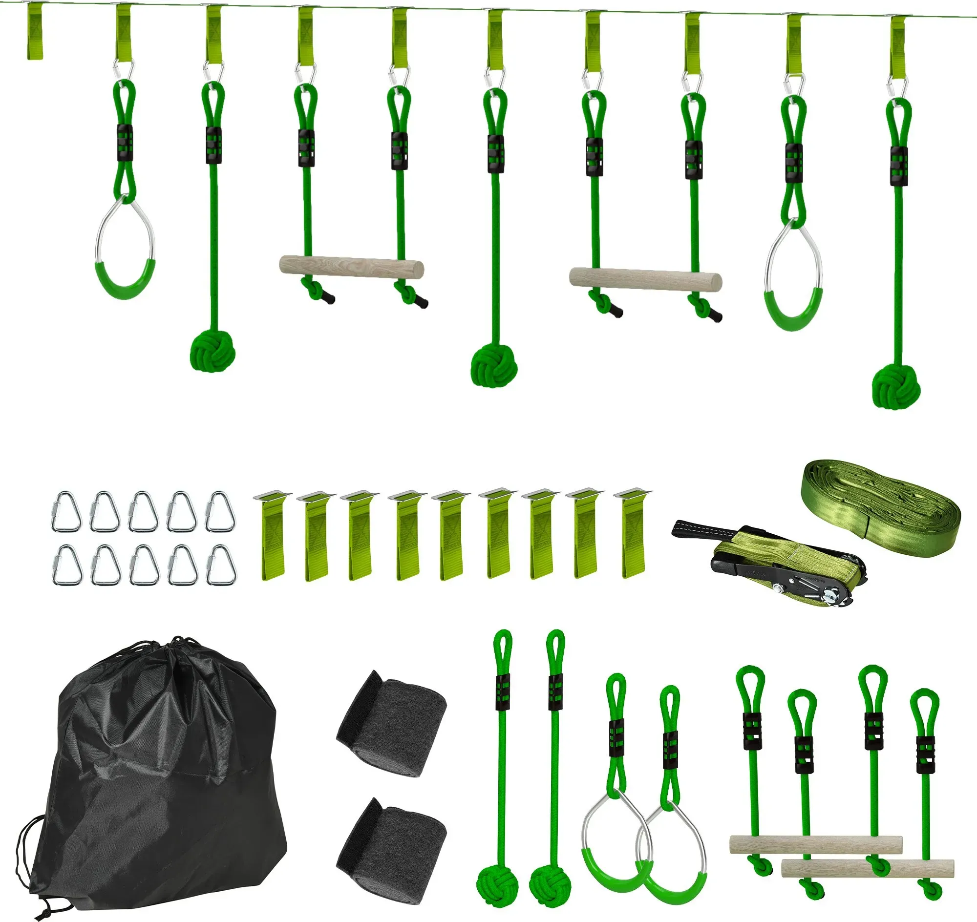 AIYAPLAY 10 m Zipline Kit Kinder Slackline-Set mit 2 Turnringe, 2 Kletterstangen und 3 Spinnerräder für Garten Outdoor Zip Line Kit für 3-6 Jahre Kinder, bis 50 kg   Aosom