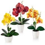 PASCH® Kunstblumen im Topf (35cm) - 3er Set Orchideen künstlich abgestimmtes Arrangement in Hochglanz-Keramiktöpfen, Deko Blumen künstlich, künstliche Orchideen (Rot Orange Gelb)