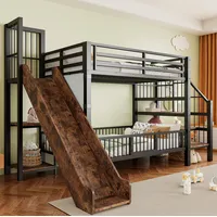Kinder-hochbett 90x200 Cm Aus Metall In Schwarz Mit Rutsche, Stauraumtreppe Und Regalen