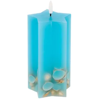 LED Universum - LED Kerze Shelly Star blau mit eingearbeiteten Muscheln maritimer mediterraner Style sternförmig mit 5h Timer für 2 AA Batterien pro Kerze (nicht enthalten) Bad Deko (blau, 15 cm)