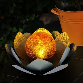 GLOBO Solarleuchte Flammen Design Außen Solarblume Aussen Lotusblume Solar Crackle Glas, grau, LED Leuchtmittel, 1x Lotusblume 1x Flammen Design, 2er Set