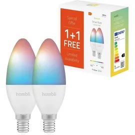 Hombli smarte LED Glühbirne E14, dimmbar, warmweiß bis farbig CCT RGB, 380 Lumen, App-fähig, kompatibel mit Alexa, Google Assistant, Siri, 2er Pack