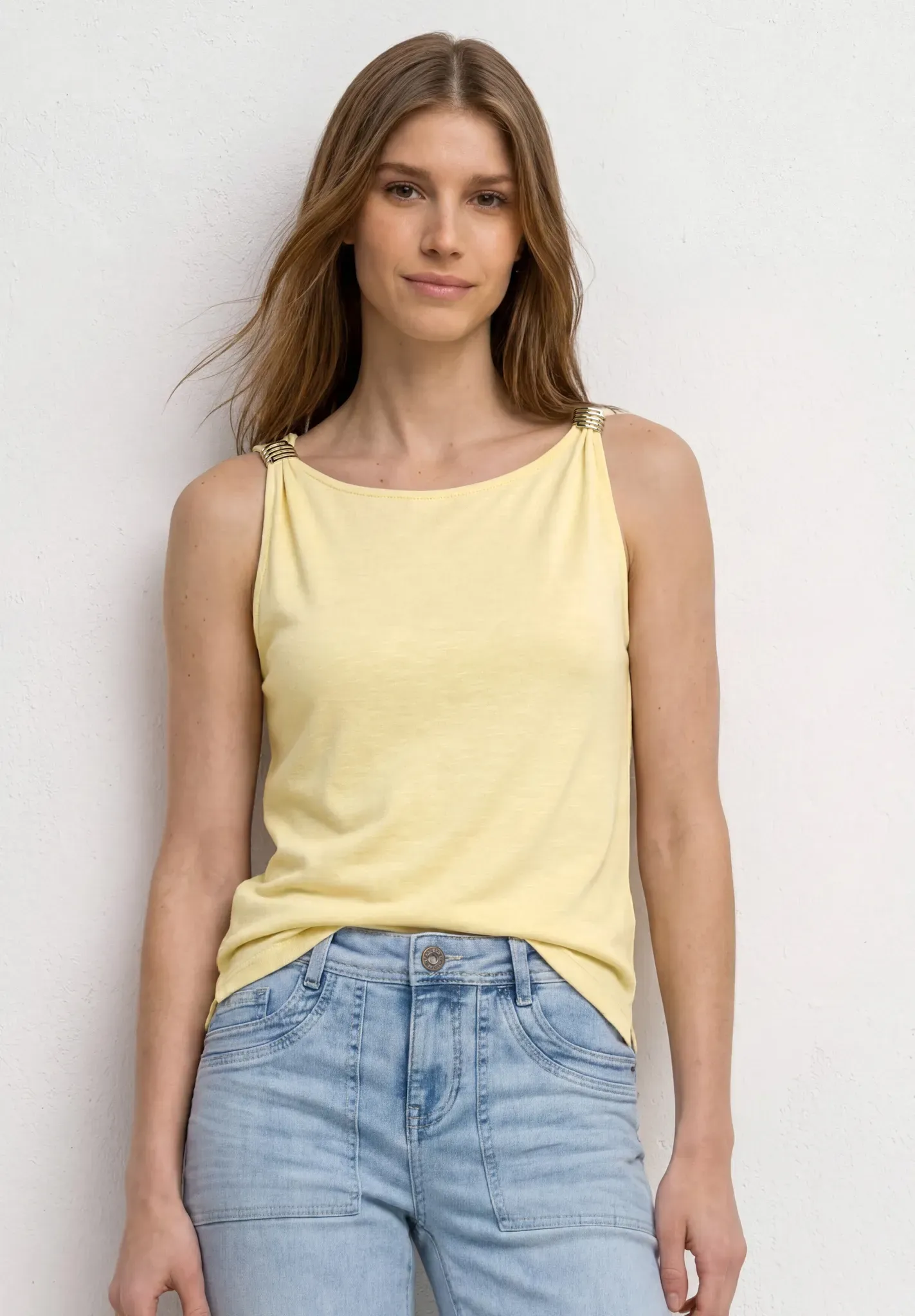 Trägertop STREET ONE, Damen, Gr. 36, soft gelb, Stoff, 95% Viskose, 5% Elasthan, unifarben, normal normal, U-Boot-Ausschnitt, abgesteppt, Tops Trägertop, aus elastischem Materialmix