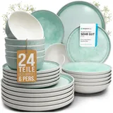 PURE LIVING INTERIOR DESIGN Steingut Geschirrset 6 Personen Ibiza 24 tlg. TESTSIEGER, Traumhaftes Mediterranes Steingut Geschirr Set, Schüssel- und Teller Set, Tafelservice 6 Personen, Geschirrsets Pure Living in Türkis