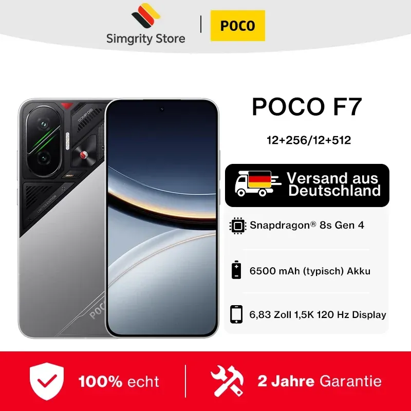Xiaomi POCO F7 Smartphone 5G 12+256 GB/12+512 GB, Snapdragon 8s Gen 4, 6,83 Zoll 1,5K 120 Hz AMOLED-Display, 6500 mAh Akku 90 W HyperCharge, 50 MP Sony-Kamera mit OIS, NFC/Bluetooth 6/GPS/Galileo