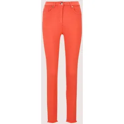 Regular-fit-Jeans MADELEINE "Jeans Mid Waist Skinny-Hose mit Fransen", Damen, Gr. 19, K-Gr, orange (blutorange), Obermaterial: 92% Baumwolle CO. 6% Polyester PES. 2% Elasthan EL., Jeans