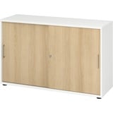 bümö Schiebetürenschrank "2OH" - Aktenschrank abschließbar, Sideboard Schrank mit Schiebetüren in Weiß/Eiche - Büroschrank aus Holz mit Schiebetür,