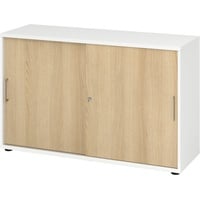bümö Schiebetürenschrank "2OH" - Aktenschrank abschließbar, Sideboard Schrank mit Schiebetüren in Weiß/Eiche - Büroschrank aus Holz mit Schiebetür,