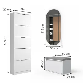 Vicco Schuhkipper Luca, Weiß, 3 Teile, mit LED Spiegel und Sitzbank