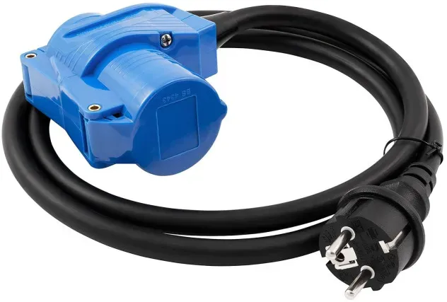Netzkabel-Adapter/Verlängerung mit Schuko auf 3-poligen, gewinkelten CEE-Stecker, 1,5 m – für Camping, Wohnmobil, Caravan