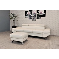 Schneeweißes Echtleder Sofa + Hocker Couch Varsovia mit Kopfstützen Ledersofa