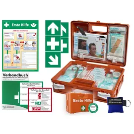 HM Arbeitsmedizin Erste-Hilfe-Koffer Quick -Komplettpaket- mit "Notfallbeatmungshilfe" für Betriebe - aktuelle DIN/EN 13157 + DIN 13164 - inkl. 1.Hilfe Aufkleber & Aushang
