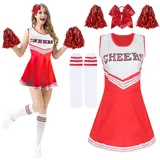 Kitimi Cheerleader Kostüm Damen für Erwachsene, Cheerleadering Outfit Fancy Dress Uniform mit Pompoms Haargummi Socken, High School Cheerleader Kostüm für Verkleidung Karneval Party Cosplay Fasching