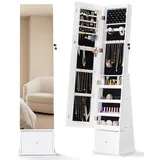LUXFURNI 360° drehbarer Schmuckschrank mit Spiegel, 157cm Höhe Schmuckschrank Stehend, Standspiegel Mit Stauraum, 1 tiefe Schublade, Abschließbarer Spiegel Schrank, Weiß