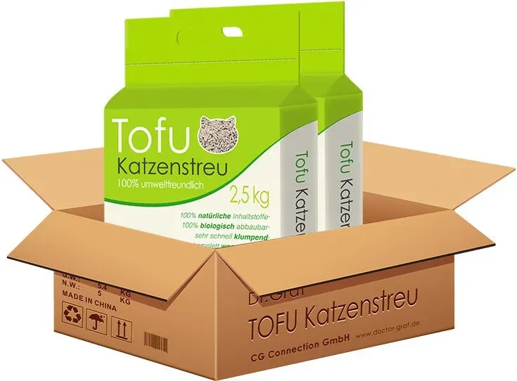 Dr. Graf Tofu-Katzenstreu, 100% natürliche, innovative Klumpenstreu, geruchlos, vollständig wasserlöslich, biologisch abbaubar, staubfrei, äußerst saugfähig und schnell trocknend (2 x 2,5 kg)