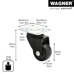 WAGNER Design - 3C Lenkrolle/Möbelrolle soft - Durchmesser Ø 25 mm, schwarz, Tragkraft 12 kg - 01222701