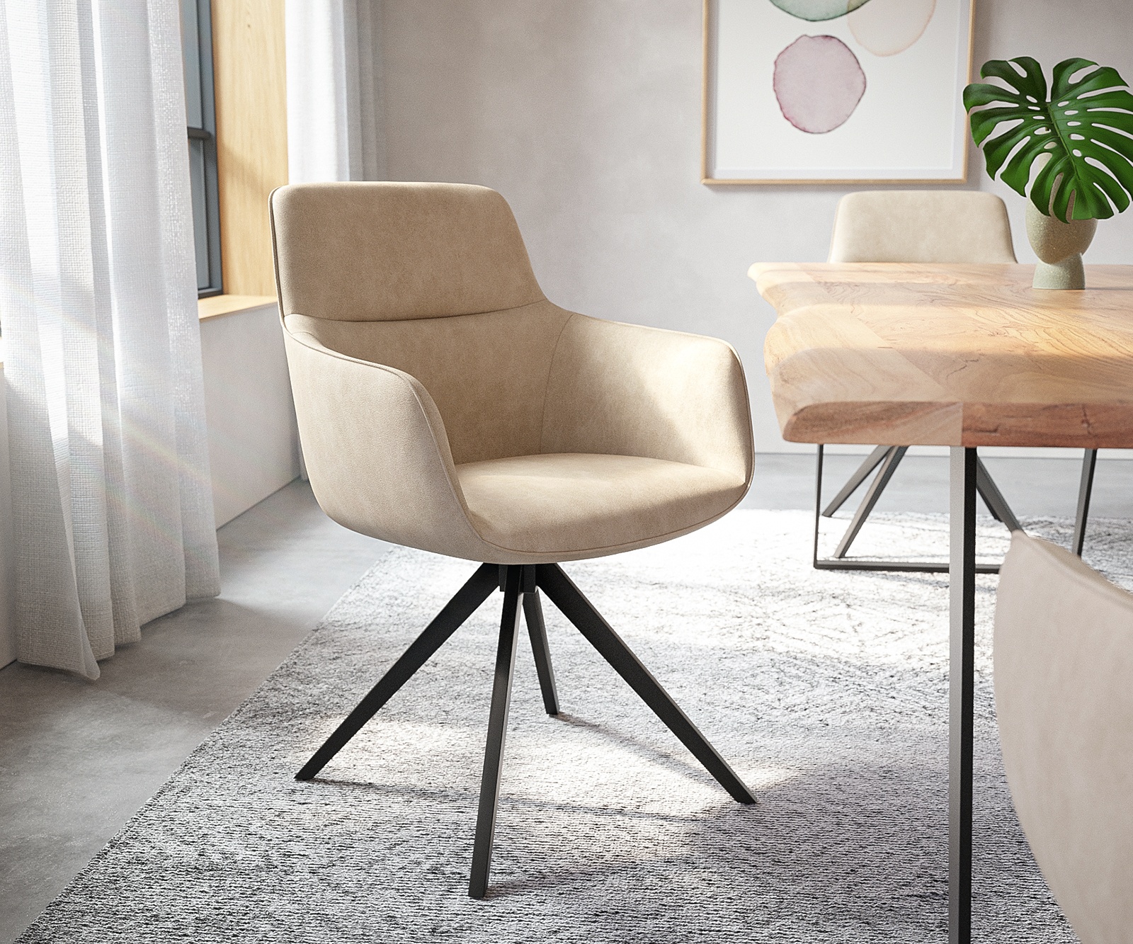 DELIFE Chaise-pivotante Pejo-Flex beige vintage cadre croisé angulaire noir pivote sur 180°, Chaises de salle à manger