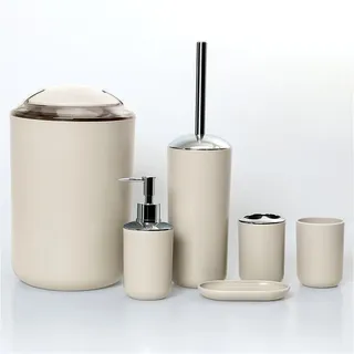 6-Teiliges Badezimmer Zubehör Set, Enthält Mülleimer Schwingdeckel, Toilettenbürste mit Behälter, Zahnbürstenhalter, Zahnputzbecher Kunststoff, Seifenschale, Seifenspender Badezimmer Set,Beige