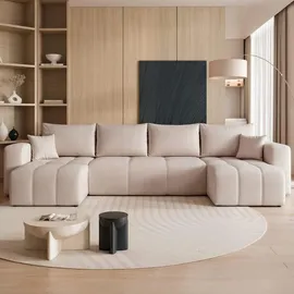 idohome U-förmige Wohnlandschaft mit Schlaffunktion und Bettkasten 3-Sitzer Beige