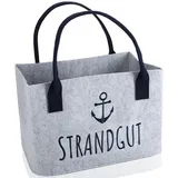 com-four® Filz-Shopper mit Henkel - faltbarer Aufbewahrungskorb aus Filz - Tasche mit maritimem Spruch für Strand, Einkauf & Freizeit - Kaminholz-Tasche 40 x 26 cm (1x hellgrau - Strandgut)