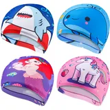 EXTRAPINS 4 Stück Badekappe Kinder,Schwimmkappe Kinder,Stoff Badekappen,Bademütze Kind,Schwimmmütze für Jungen und Mädchen 3-14 Jahre