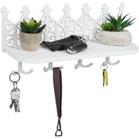 Relaxdays Schlüsselbrett mit Ablage, Schlüssel Wandhalter mit 8 Haken, Gusseisen, Vintage Schlüsselboard Flur, weiß