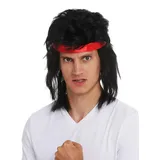 WIG ME UP - SARL001-P103 Perücke Stirnband Karneval Herren lang schwarz Vokuhila 80s Action-Star Kämpfer Kung-Fu