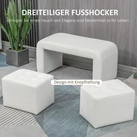 Homcom Fußhocker 3 tlg. Ottomane mit 3 Hockern, Bettbank mit Knopfheftung, Polsterhocker für Wohnzimmer, Schlafzimmer, Weiß