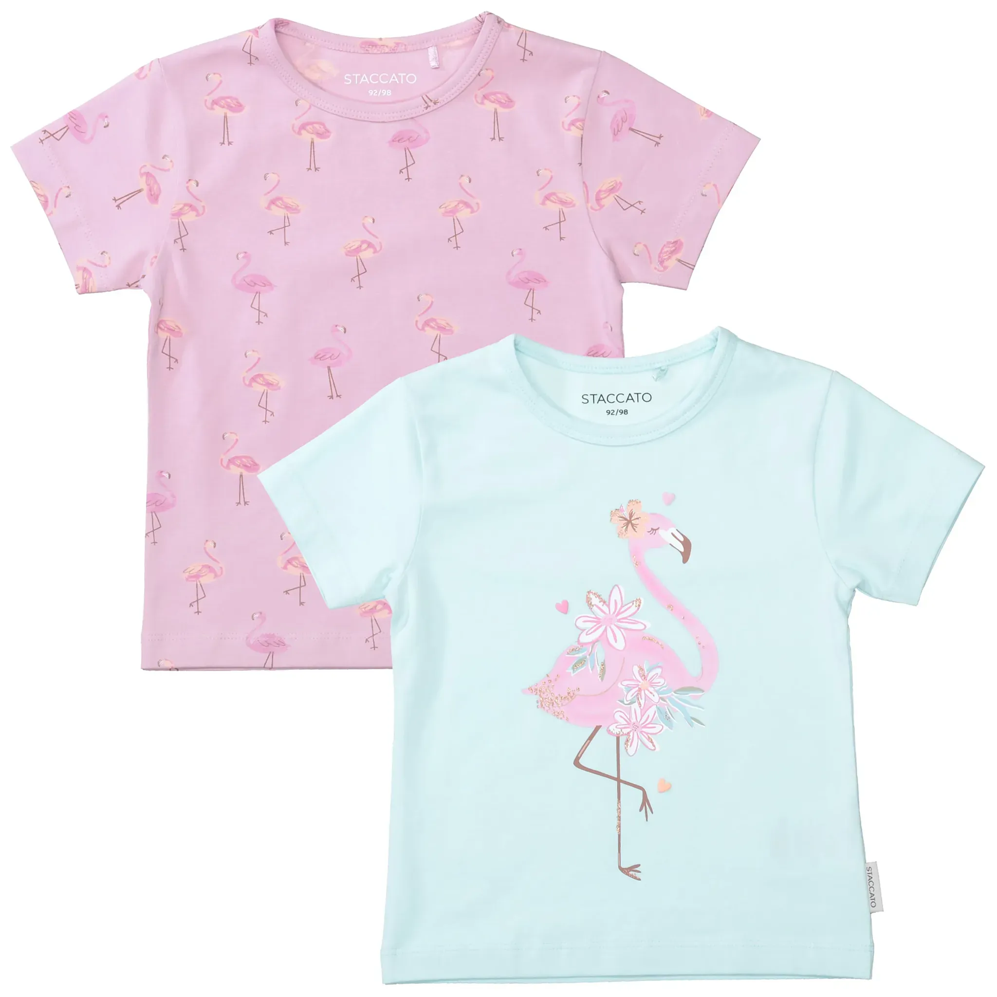 T-Shirt STACCATO, Mädchen, Gr. 104/110, light mauve aop, ice blau, Single Jersey, Obermaterial: 95% Baumwolle, 5% Elasthan, bedruckt, normal hüftbedeckend, Rundhals, Shirts T-Shirt, 2er Pack mit Flamingo-Motiven, Allover-Druck, für Girls
