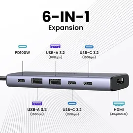 UGREEN 6-in-1 USB-C Hub USB-C 6 Ports), Dockingstation - Usb Hub, Grau