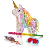 Lumaland Pinata Set zum Befüllen inkl. Schläger & Augenbinde | Magisches Einhorn ideal für Kinder-Geburtstag & Feier | Piñata inkl. 50g buntes Konfetti | Individuell befüllbar [40x14x54 cm]