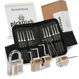 trend-sports.eu PickDieb 26-teiliges Lockpicking Set mit 3 transparenten Übungsschlössern + Abdeckungen und Anleitung | Schlosszylinder aus Metall | Dietrichset für Anfänger und Fortgeschrittene