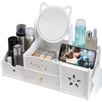 LEcylankEr Cosmetic Organizer, Schminktisch Organizer mit Spiegel, Multifunktionaler Desktop Kosmetik Organizer, Weiß Make up Organizer mit Schublade für Schlafzimme/Badezimmer (Runder Spiegel)