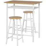 Homcom Bartisch Set 3-teilig Esstisch mit 2 Barhocker Küchentisch und Stühle Stehtisch und Barhocker mit Lagerregal MDF-Platte Stahl Weiß+Eiche 80 x 90 cm - Trinken, Barausstattung
